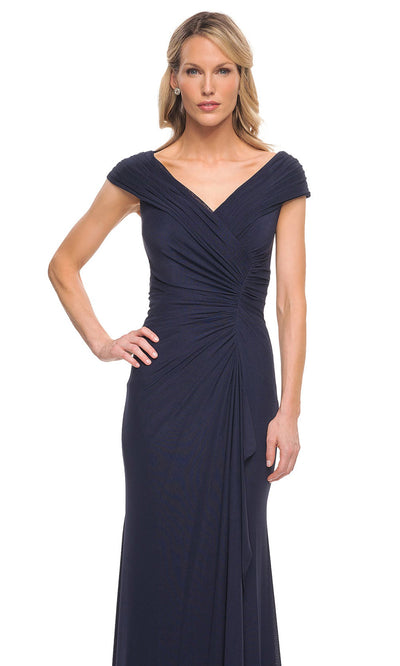 La Femme - 29996 Flattering Jersey Ruched V Neckline Gown In Blue