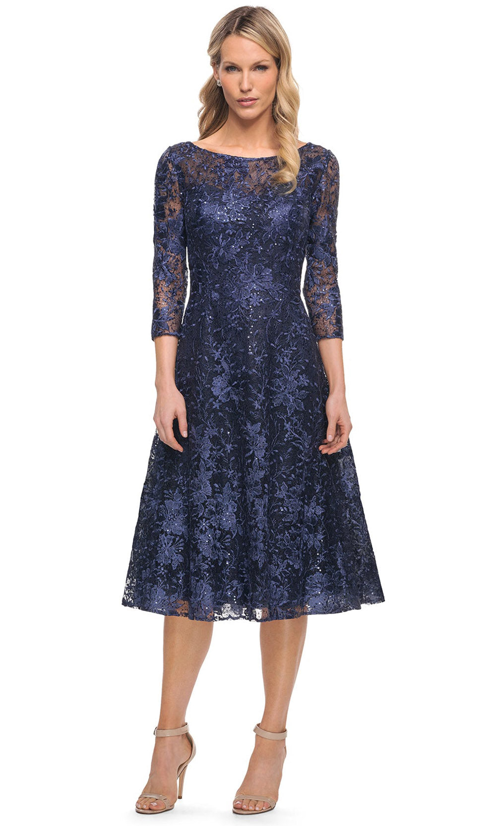 La Femme - 30005 Embroidered Bateau Neckline A-Line Dress In Blue