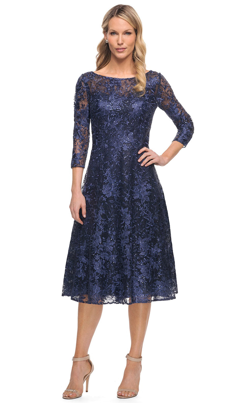 La Femme - 30005 Embroidered Bateau Neckline A-Line Dress In Blue