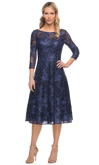 La Femme - 30005 Embroidered Bateau Neckline A-Line Dress In Blue