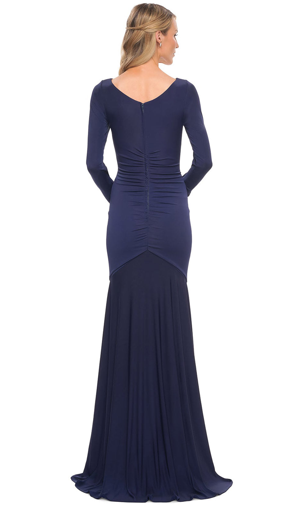 La Femme - 30010 Long Sleeved Ruched Jersey Evening Dress In Blue