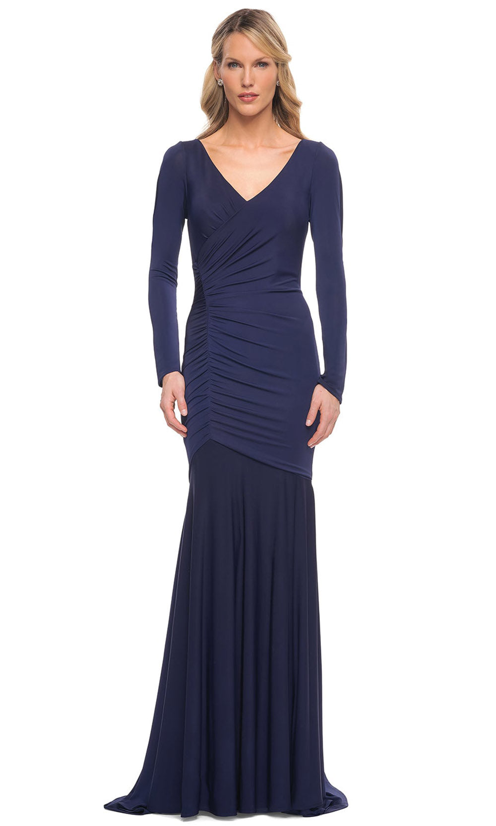 La Femme - 30010 Long Sleeved Ruched Jersey Evening Dress In Blue