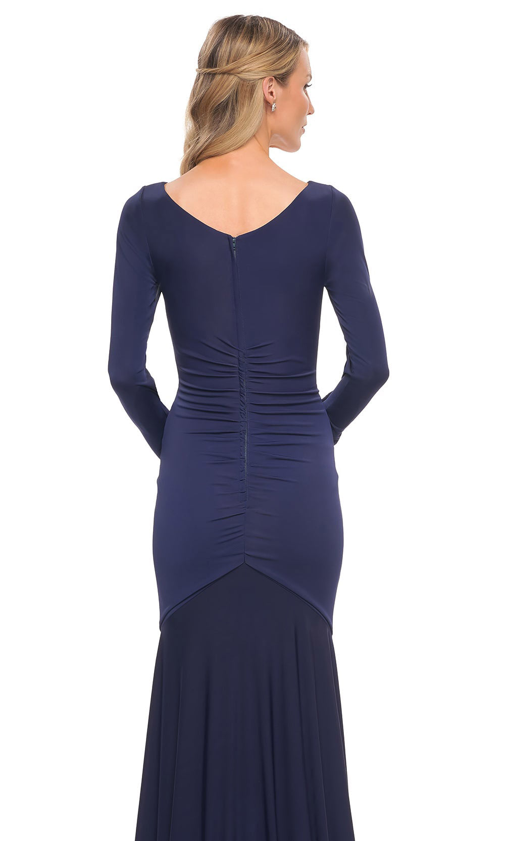 La Femme - 30010 Long Sleeved Ruched Jersey Evening Dress In Blue