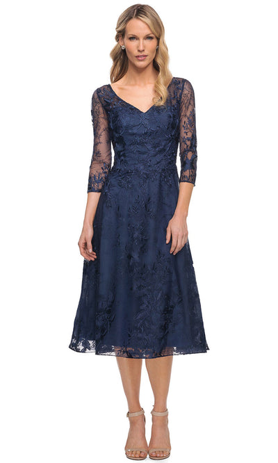 La Femme - 30016 Elegant Wide V Neck Tea Length Lace Dress In Blue