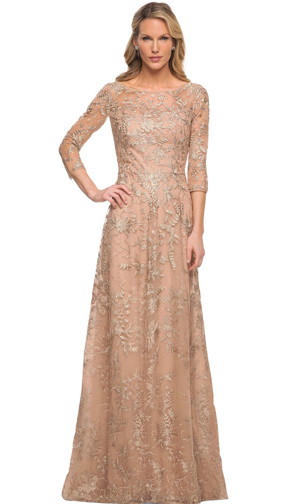 La Femme - 30021 Embroidered Bateau Neckline Sheath Dress In Gold
