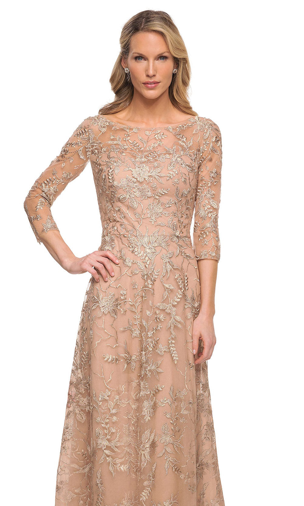 La Femme - 30021 Embroidered Bateau Neckline Sheath Dress In Gold