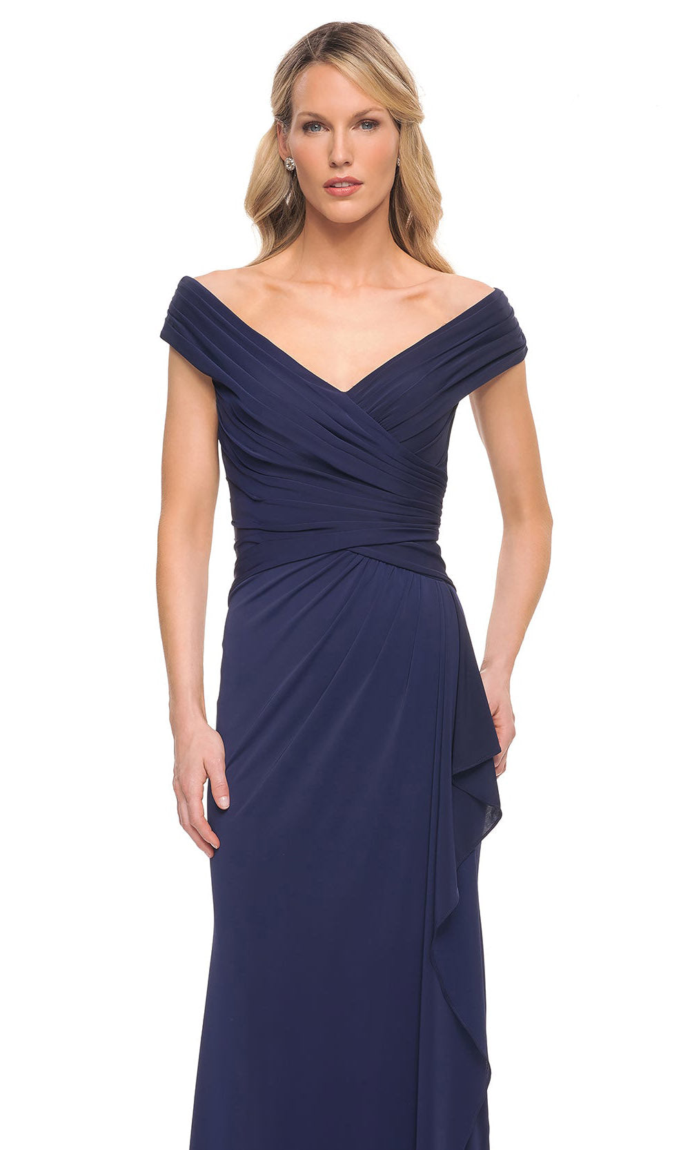 La Femme - 30040 Shirred Cap Sleeved A Line Dress In Blue