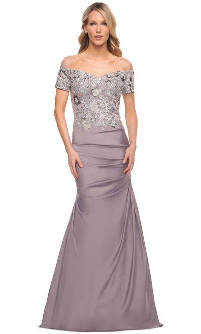 La Femme - 30045 Embroidered Off-Shoulder Pleated Long Gown In Silver
