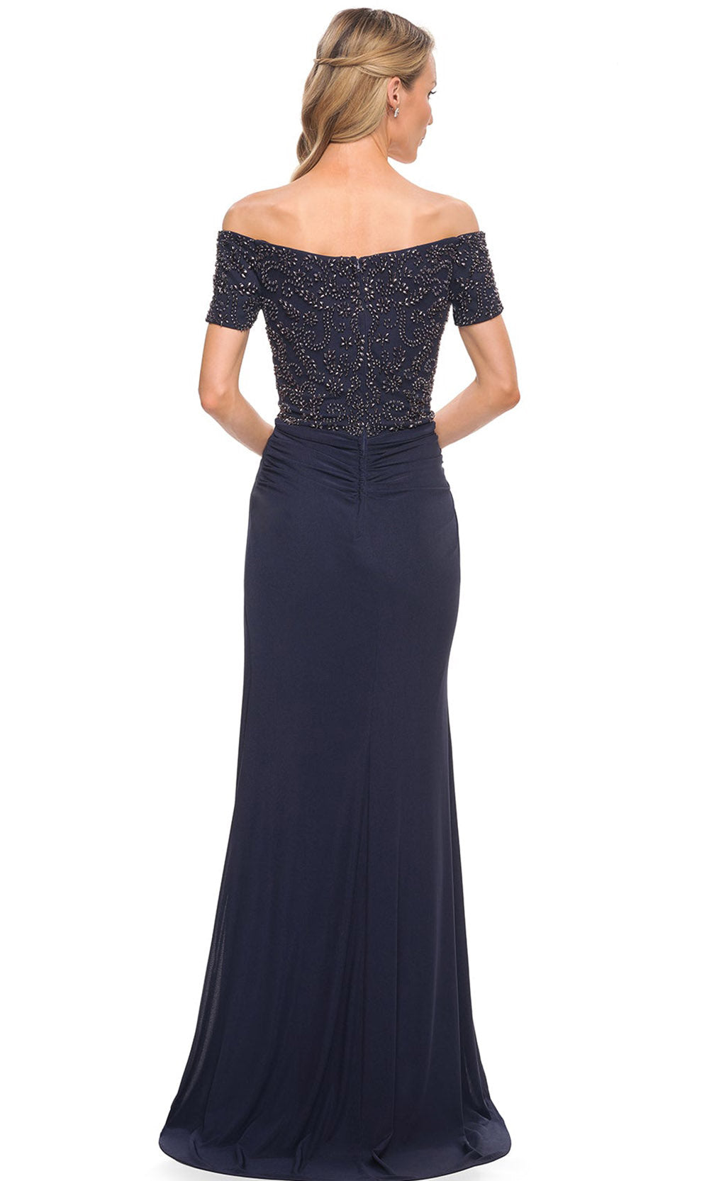 La Femme - 30057 Beaded Short Sleeve Off Shoulder Long Gown In Blue