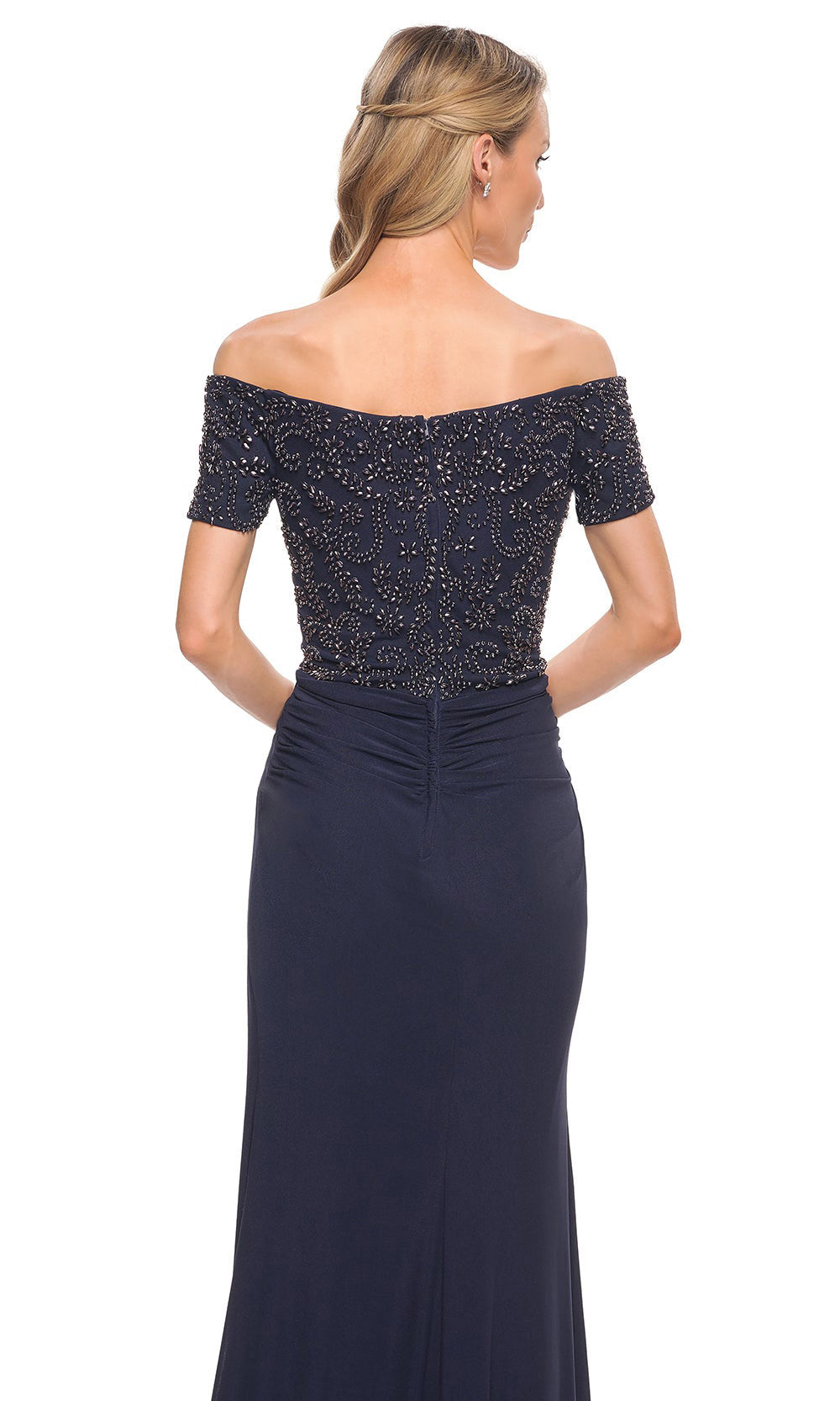 La Femme - 30057 Beaded Short Sleeve Off Shoulder Long Gown In Blue