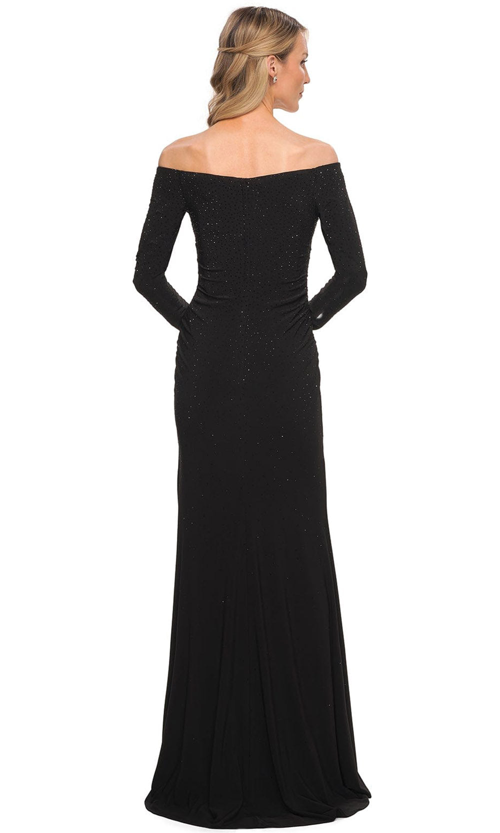 La Femme - 30073 Beaded Long Sleeved Off Shoulder Long Gown In Black