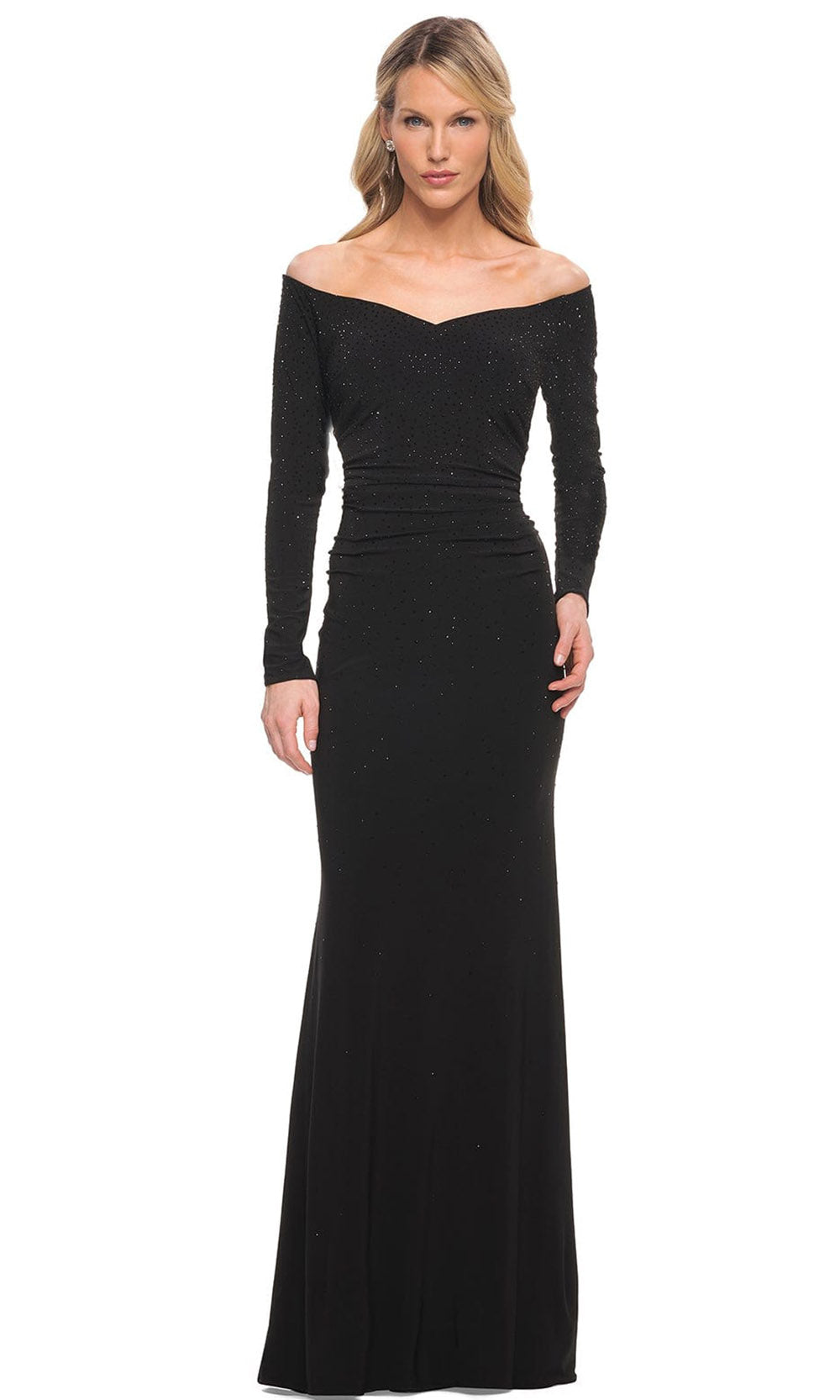 La Femme - 30073 Beaded Long Sleeved Off Shoulder Long Gown In Black