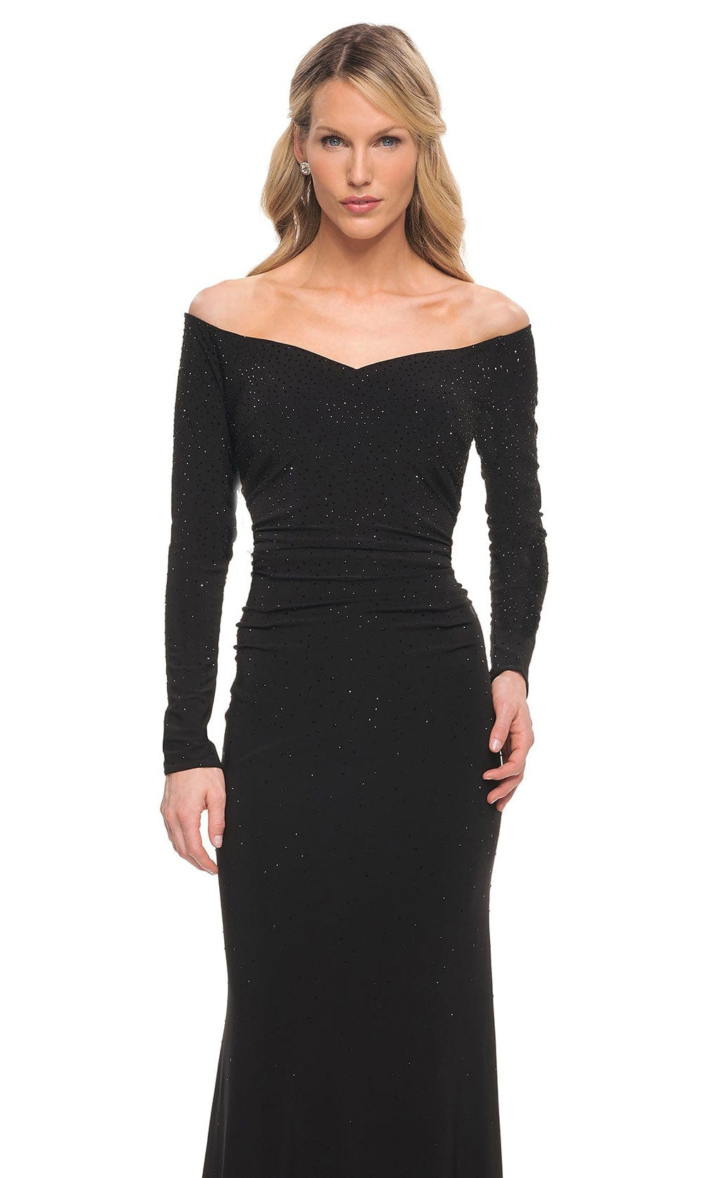 La Femme - 30073 Beaded Long Sleeved Off Shoulder Long Gown In Black