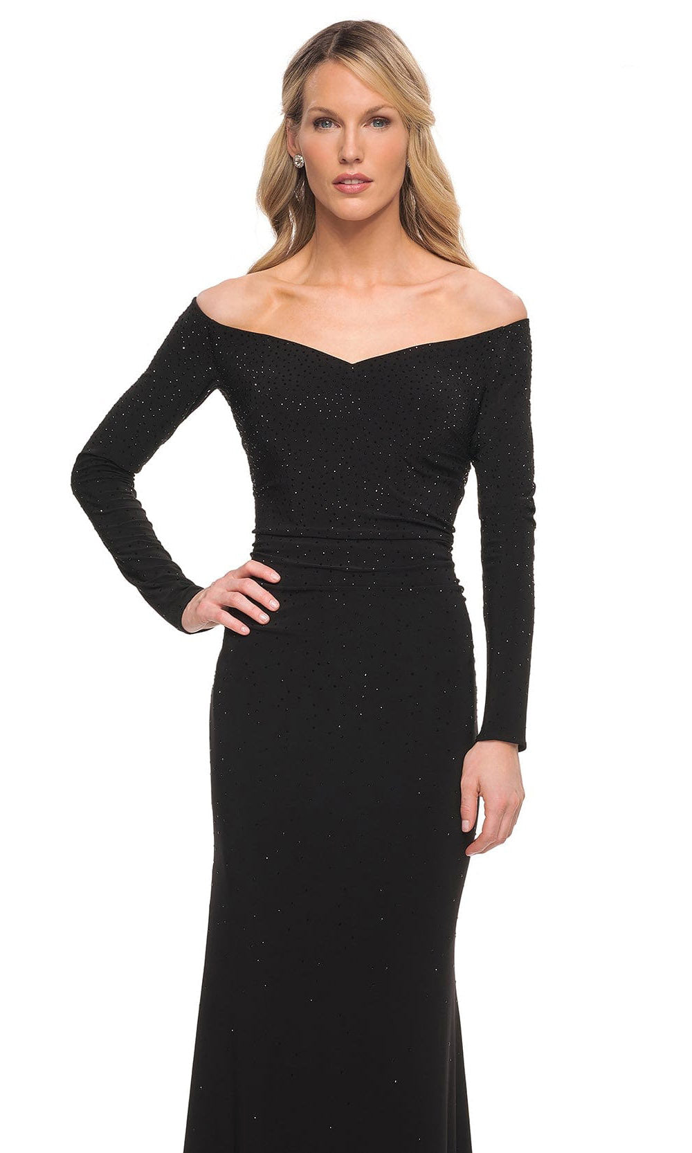 La Femme - 30073 Beaded Long Sleeved Off Shoulder Long Gown In Black