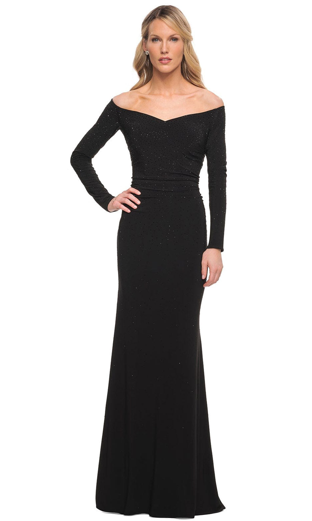 La Femme - 30073 Beaded Long Sleeved Off Shoulder Long Gown In Black