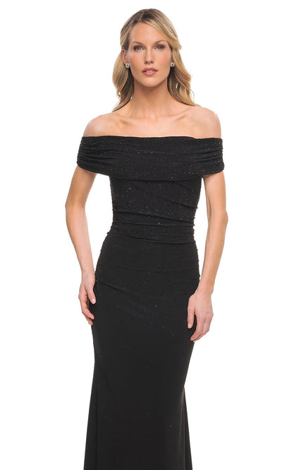 La Femme - 30117 Off Shoulder Soft Ruched Long Evening Gown In Black