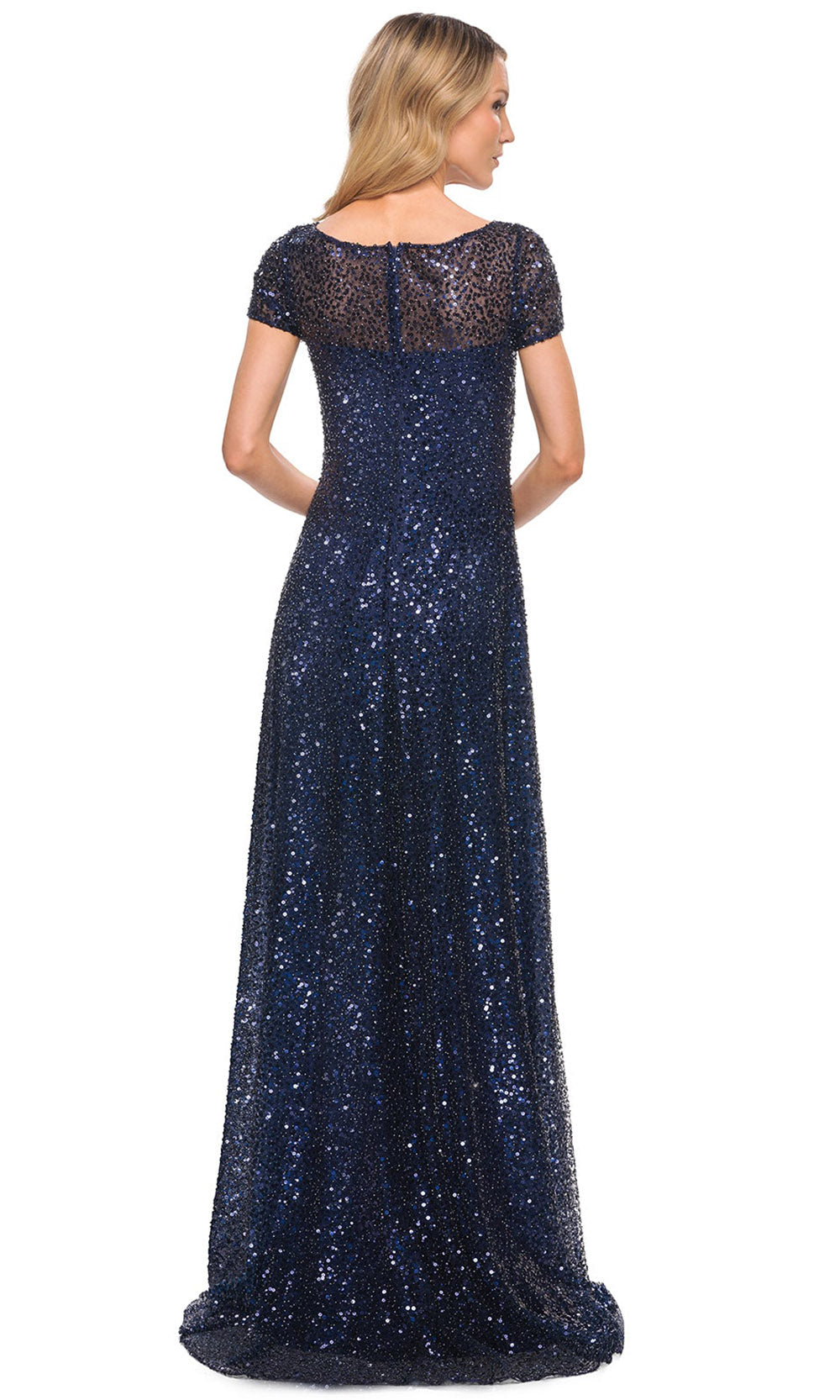 La Femme - 30122 Sparkling Beaded Gown With Sheer Neckline In Blue