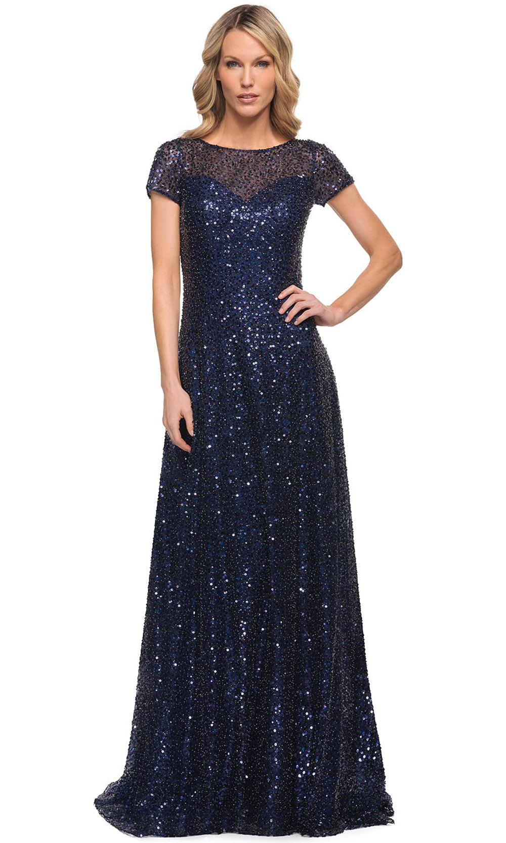 La Femme - 30122 Sparkling Beaded Gown With Sheer Neckline In Blue
