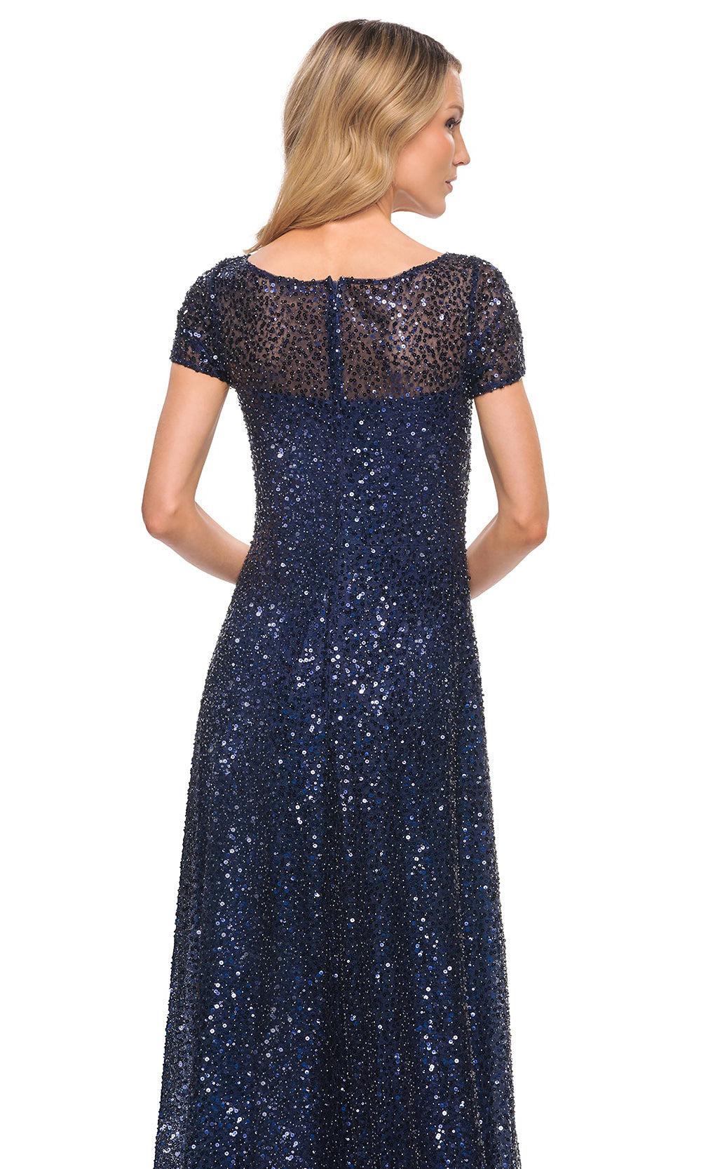 La Femme - 30122 Sparkling Beaded Gown With Sheer Neckline In Blue