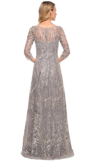 La Femme - 30161 Beaded Quarter-Length Sleeves Dress In Silver