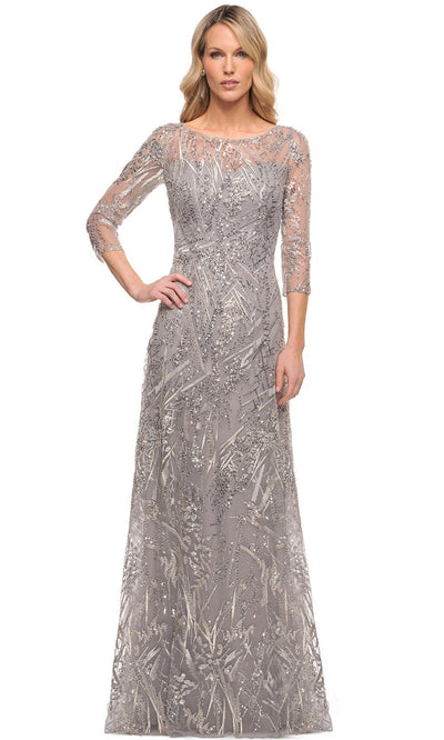 La Femme - 30161 Beaded Quarter-Length Sleeves Dress In Silver