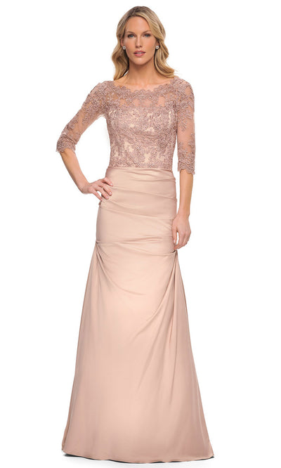 La Femme - 30162 Sheer Three Quarter Lace Sleeve Long Gown In Pink