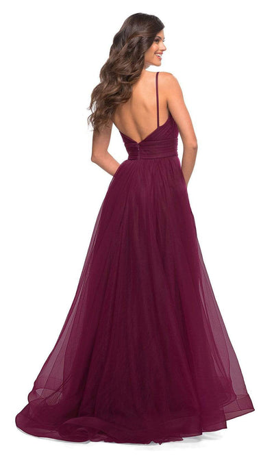 La Femme - 30180 Ruched Tulle High Slit Gown In Burgundy