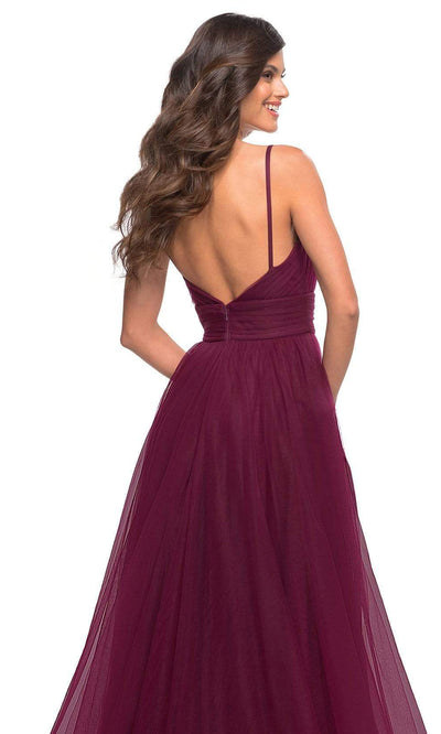 La Femme - 30180 Ruched Tulle High Slit Gown In Burgundy