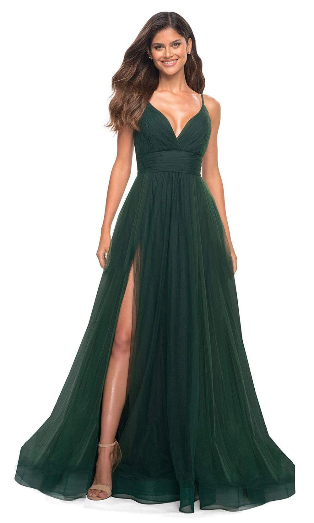 La Femme - 30180 Ruched Tulle High Slit Gown In Green