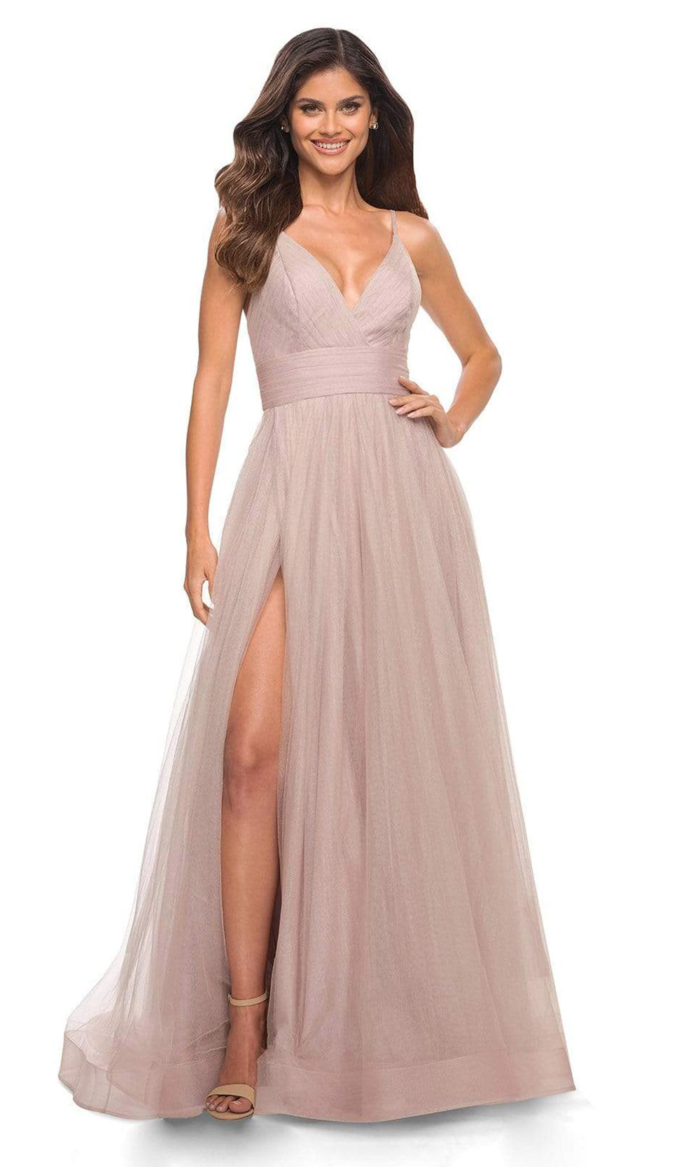 La Femme - 30180 Ruched Tulle High Slit Gown In Mauve