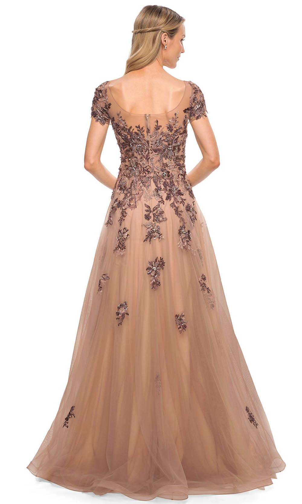 La Femme - 30197 Embellished Bateau Neckline A-Line Dress In Brown
