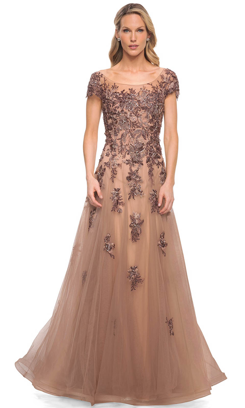 La Femme - 30197 Embellished Bateau Neckline A-Line Dress In Brown