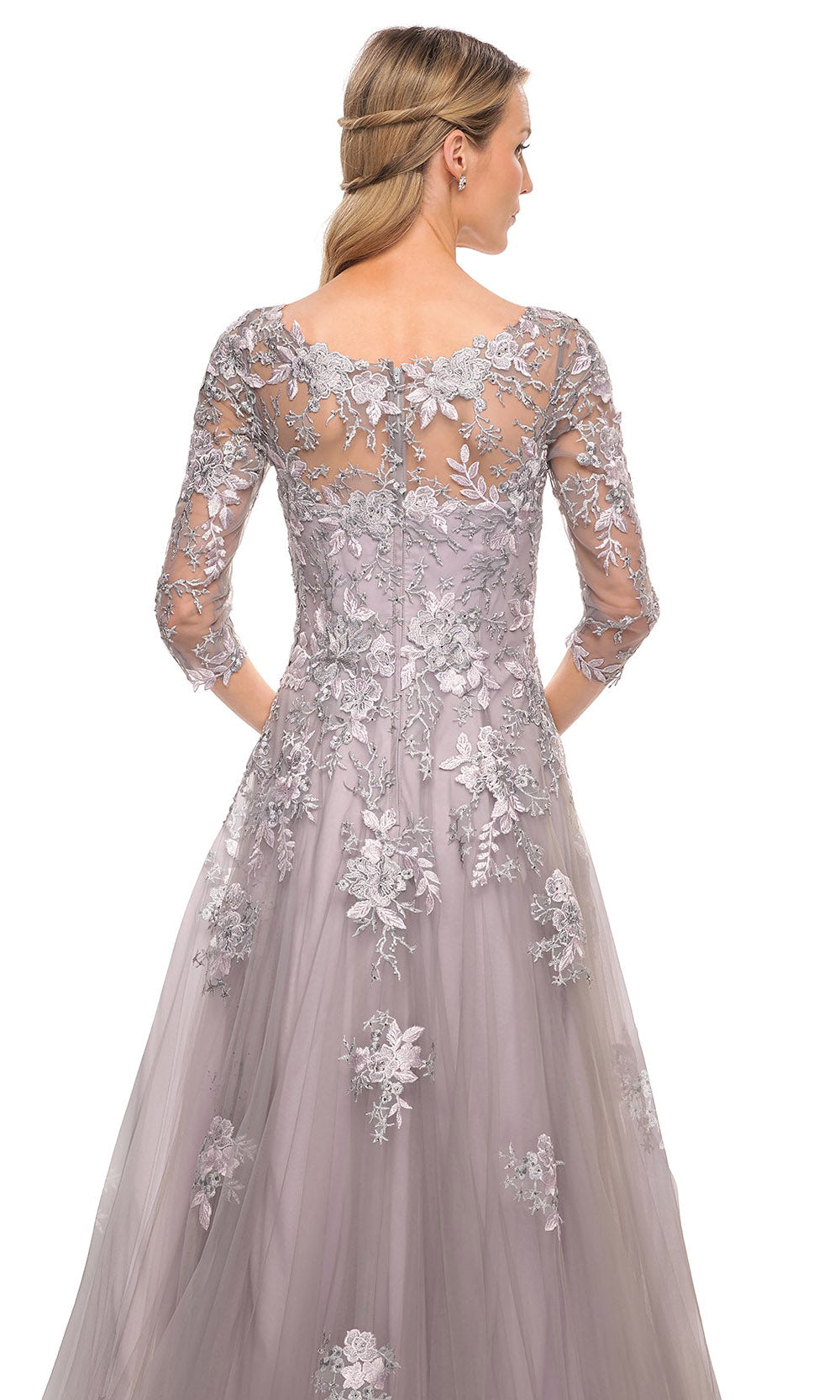 La Femme - 30229 Floral Embellished A-Line Dress In Silver and Pink