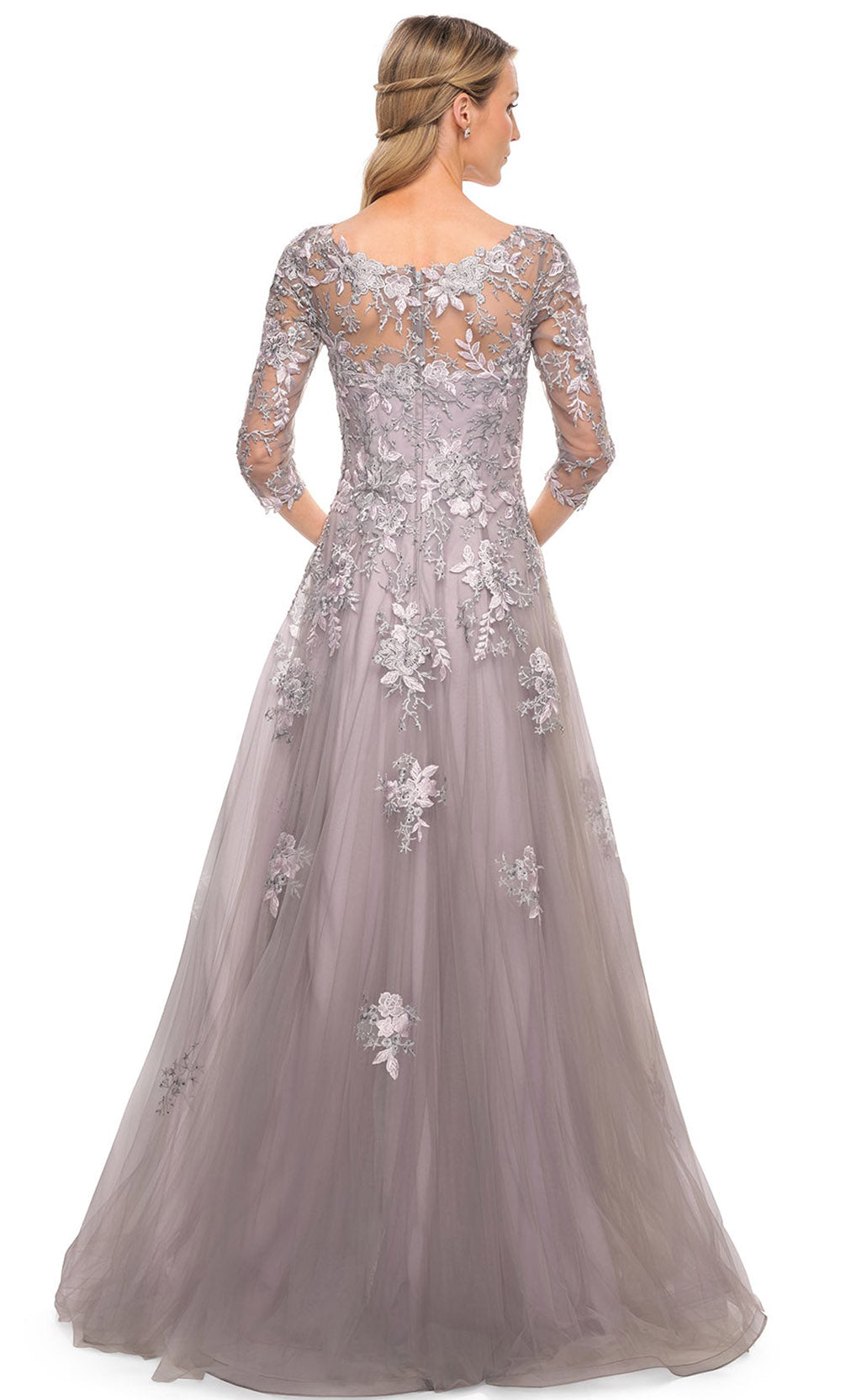 La Femme - 30229 Floral Embellished A-Line Dress In Silver and Pink