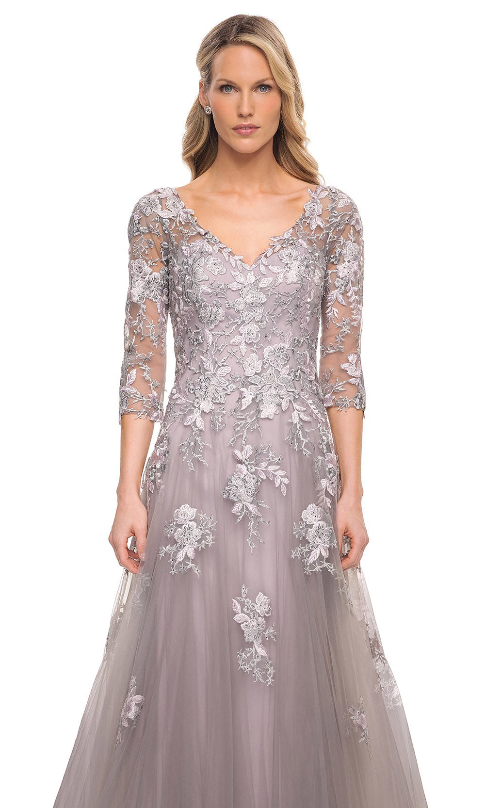 La Femme - 30229 Floral Embellished A-Line Dress In Silver and Pink