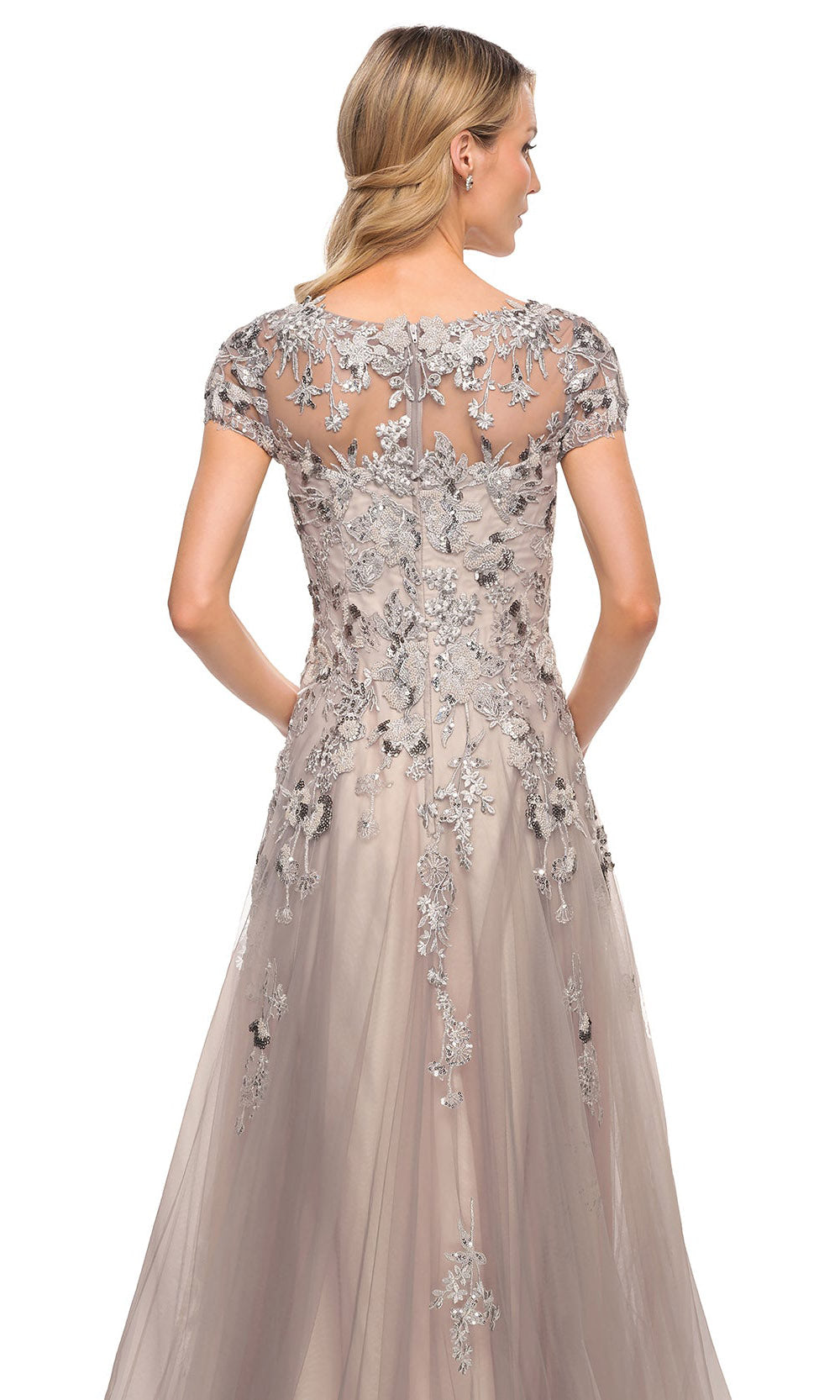 La Femme - 30239 Embellished Sheer Lace A-Line Dress In Silver and Pink
