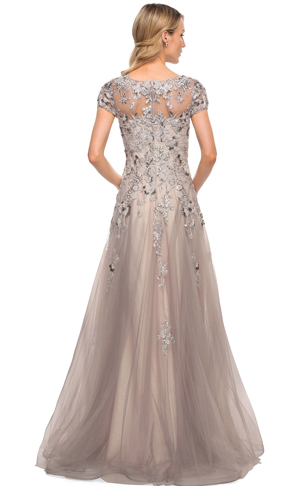 La Femme - 30239 Embellished Sheer Lace A-Line Dress In Silver and Pink