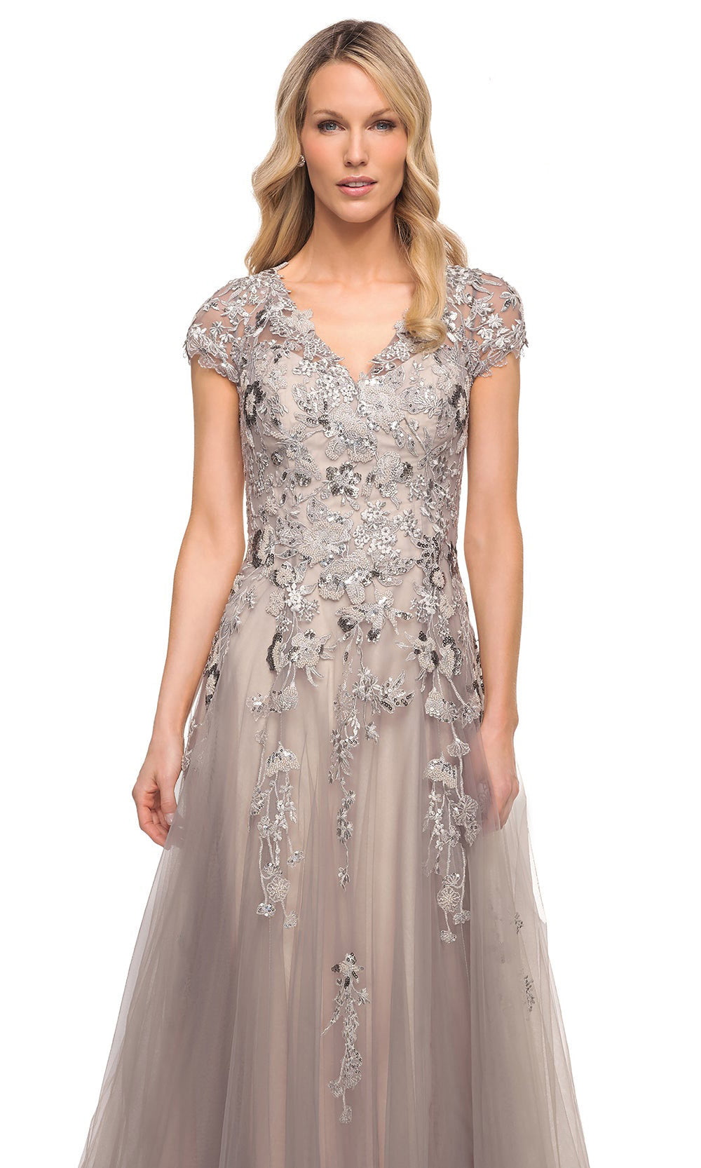 La Femme - 30239 Embellished Sheer Lace A-Line Dress In Silver and Pink
