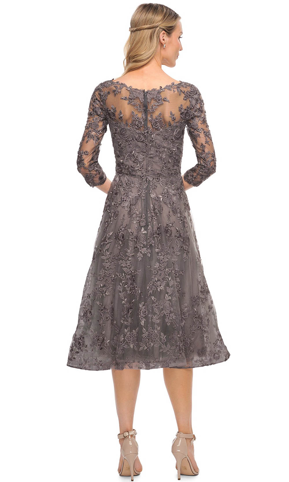 La Femme - 30268 Quarter Length Sleeve Lace Tea Length Dress In Gray