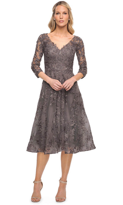 La Femme - 30268 Quarter Length Sleeve Lace Tea Length Dress In Gray