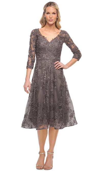 La Femme - 30268 Quarter Length Sleeve Lace Tea Length Dress In Gray