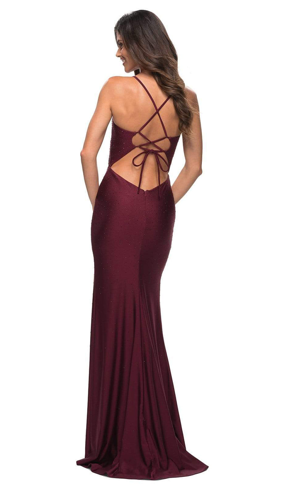 La Femme - 30315 Bare Back Beaded Slit Gown In Black and Red