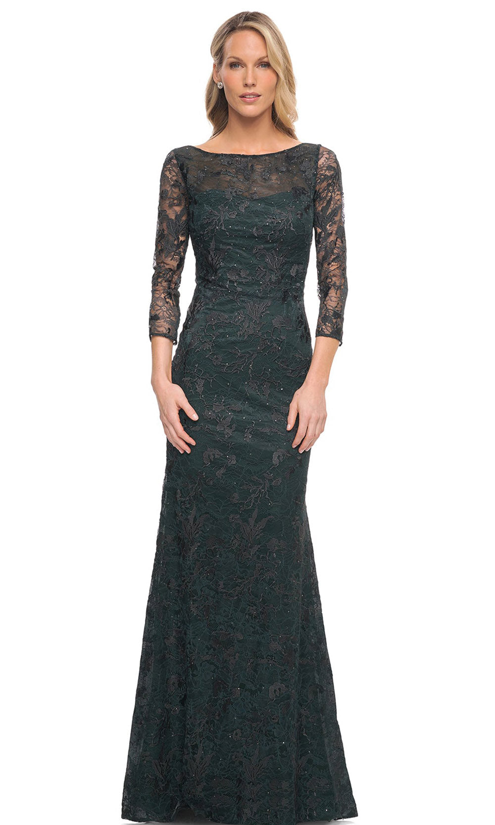 La Femme - 30317 Embroidered Sheer Lace Sheath Dress In Green
