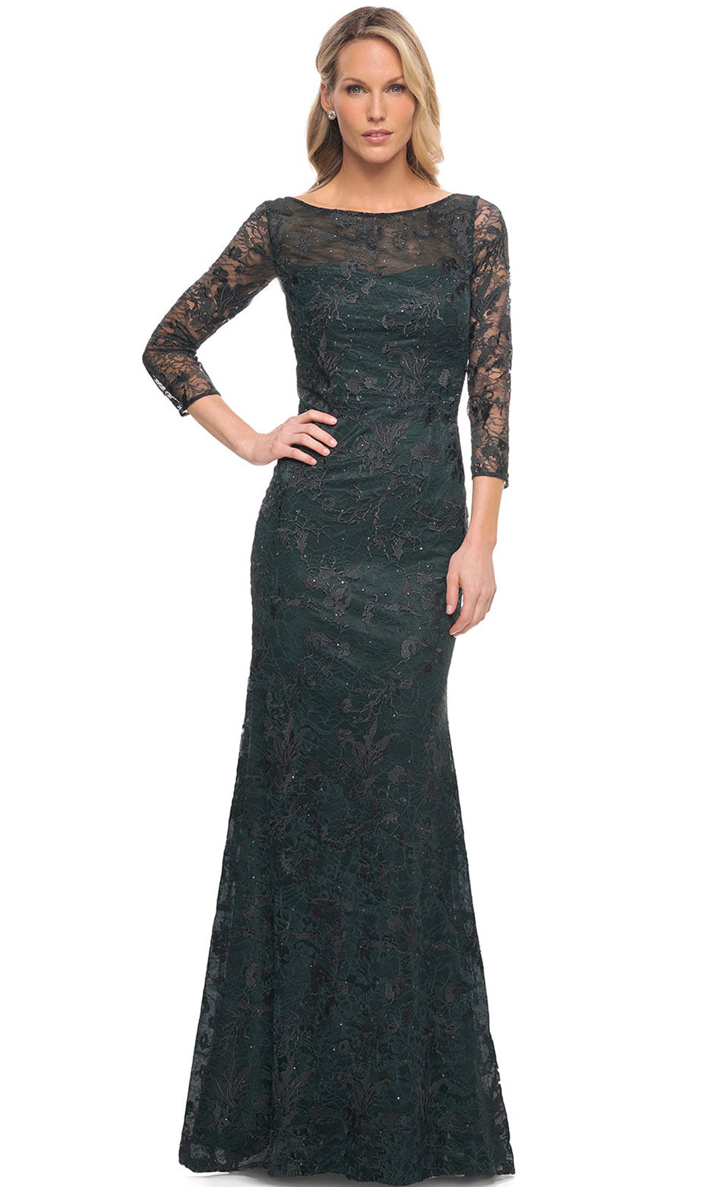 La Femme - 30317 Embroidered Sheer Lace Sheath Dress In Green