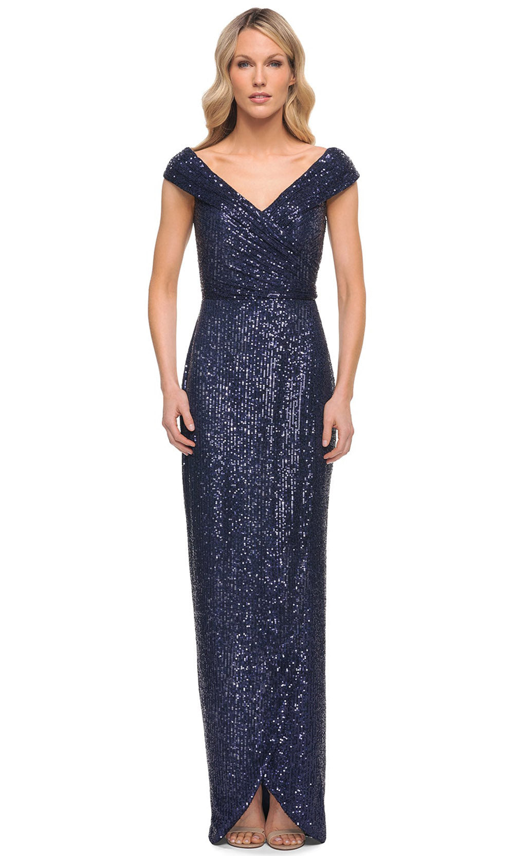 La Femme - 30326 Ruched V Neck Long Sequined Evening Gown In Blue