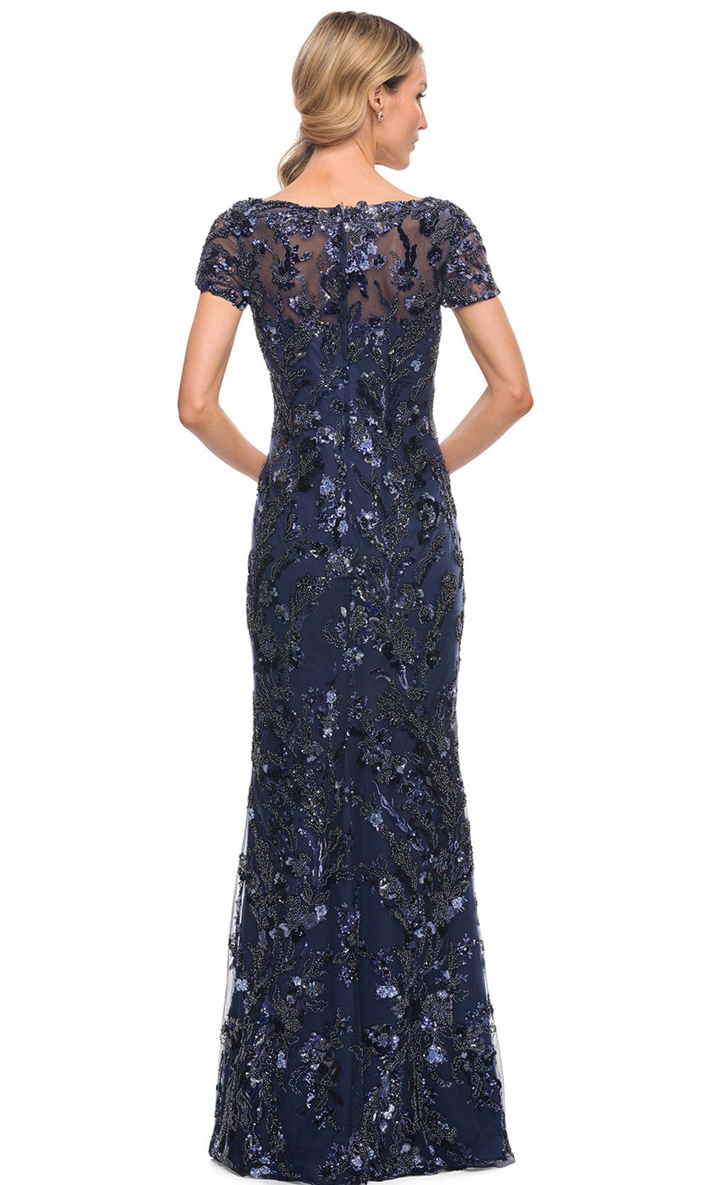 La Femme - 30375 Embellished Short Sleeves Sheath Dress In Blue