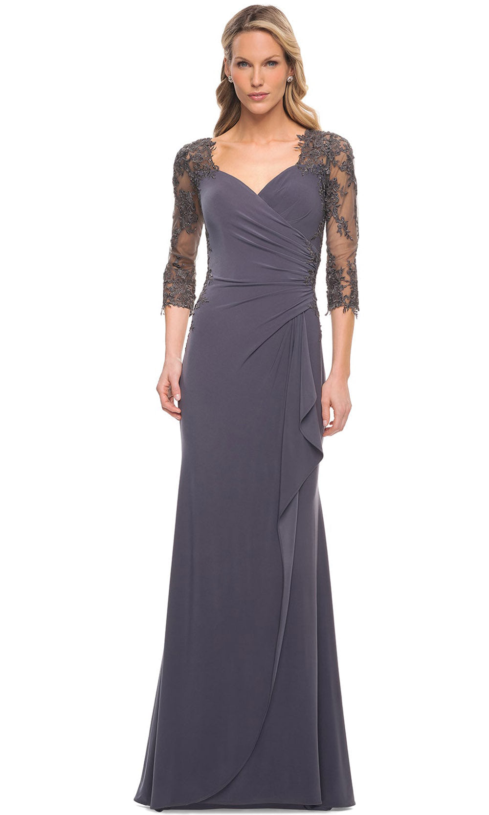 La Femme - 30384 Quarter Length Lace Sleeves Ruched Gown In Gray