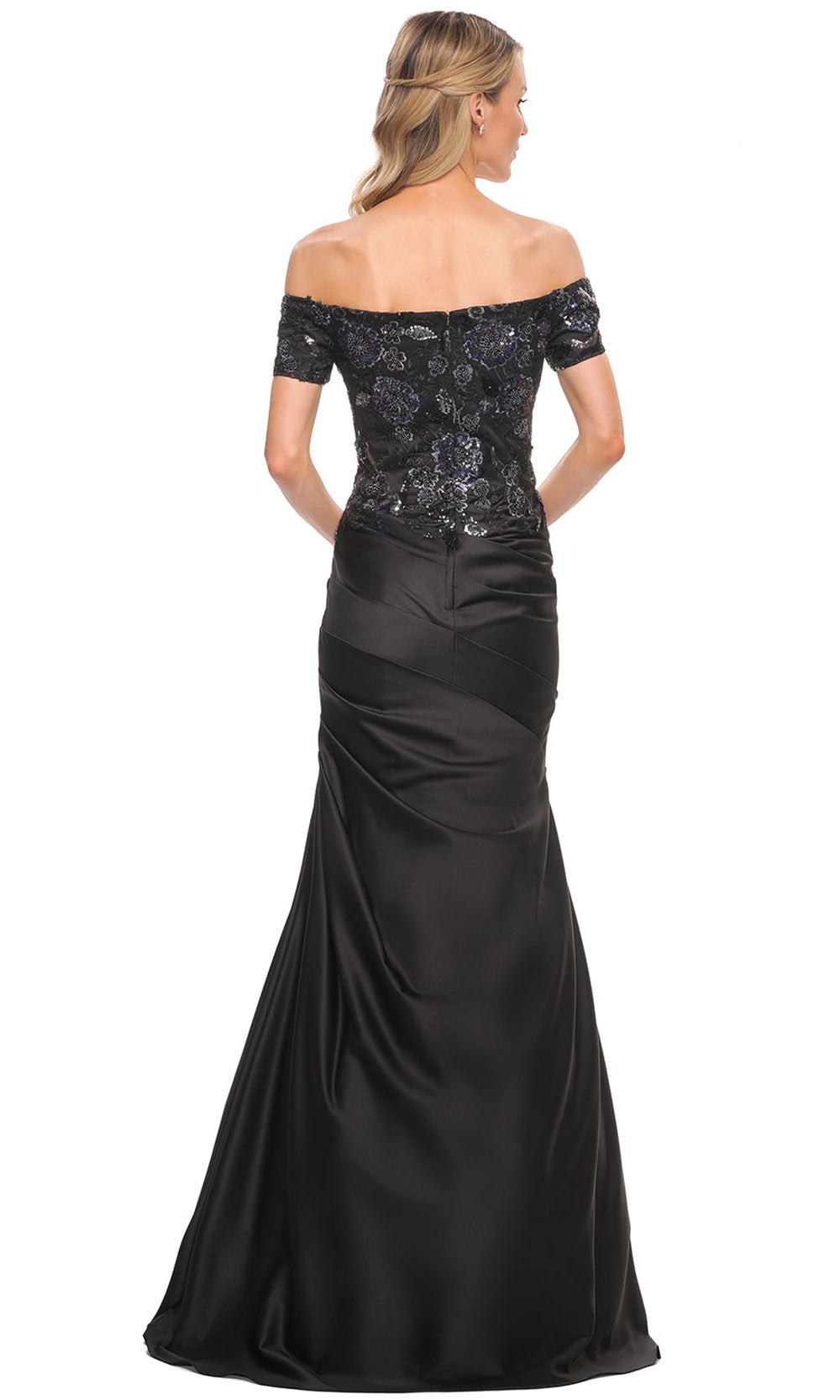 La Femme - 30404 Off-Shoulder Embroidered Trumpet Dress In Black