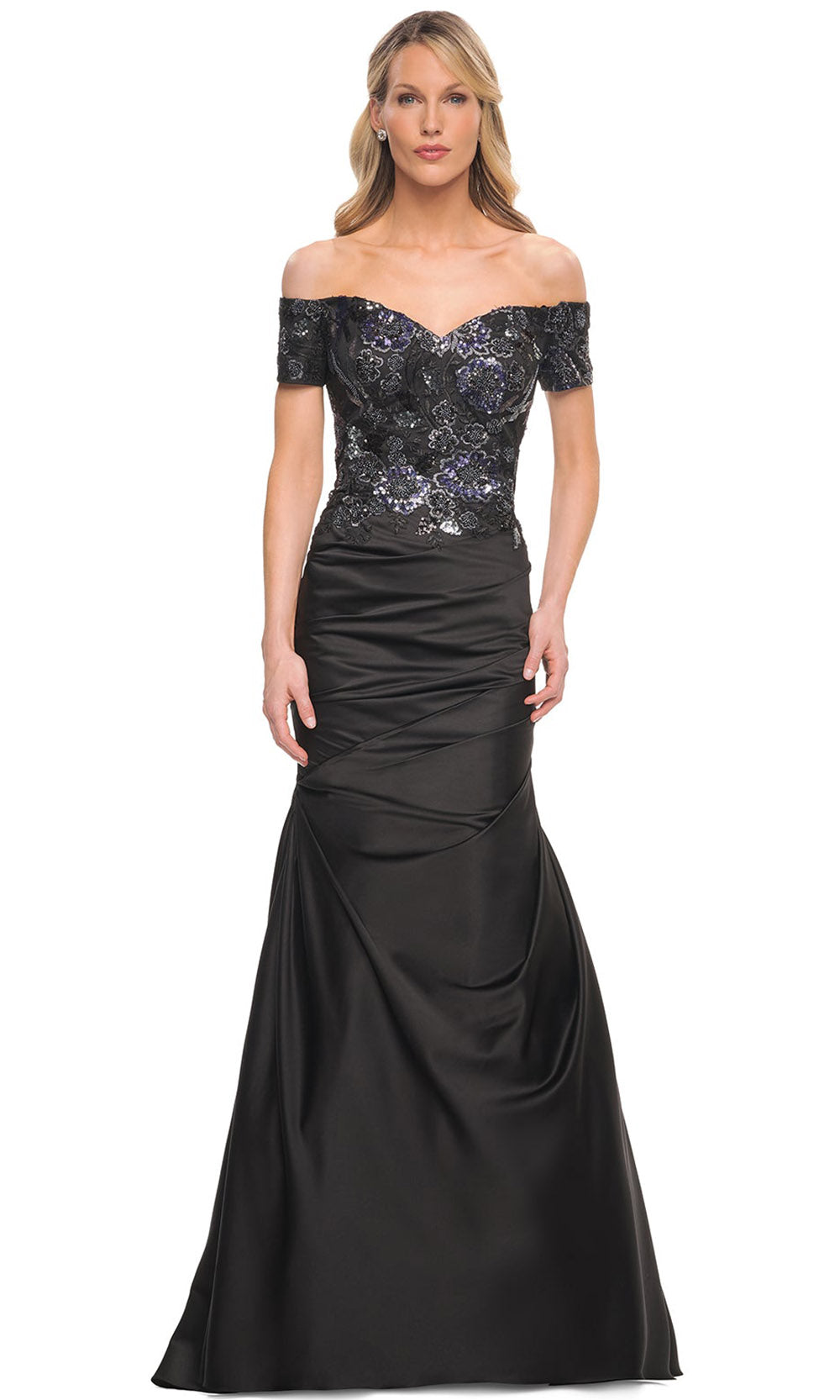 La Femme - 30404 Off-Shoulder Embroidered Trumpet Dress In Black