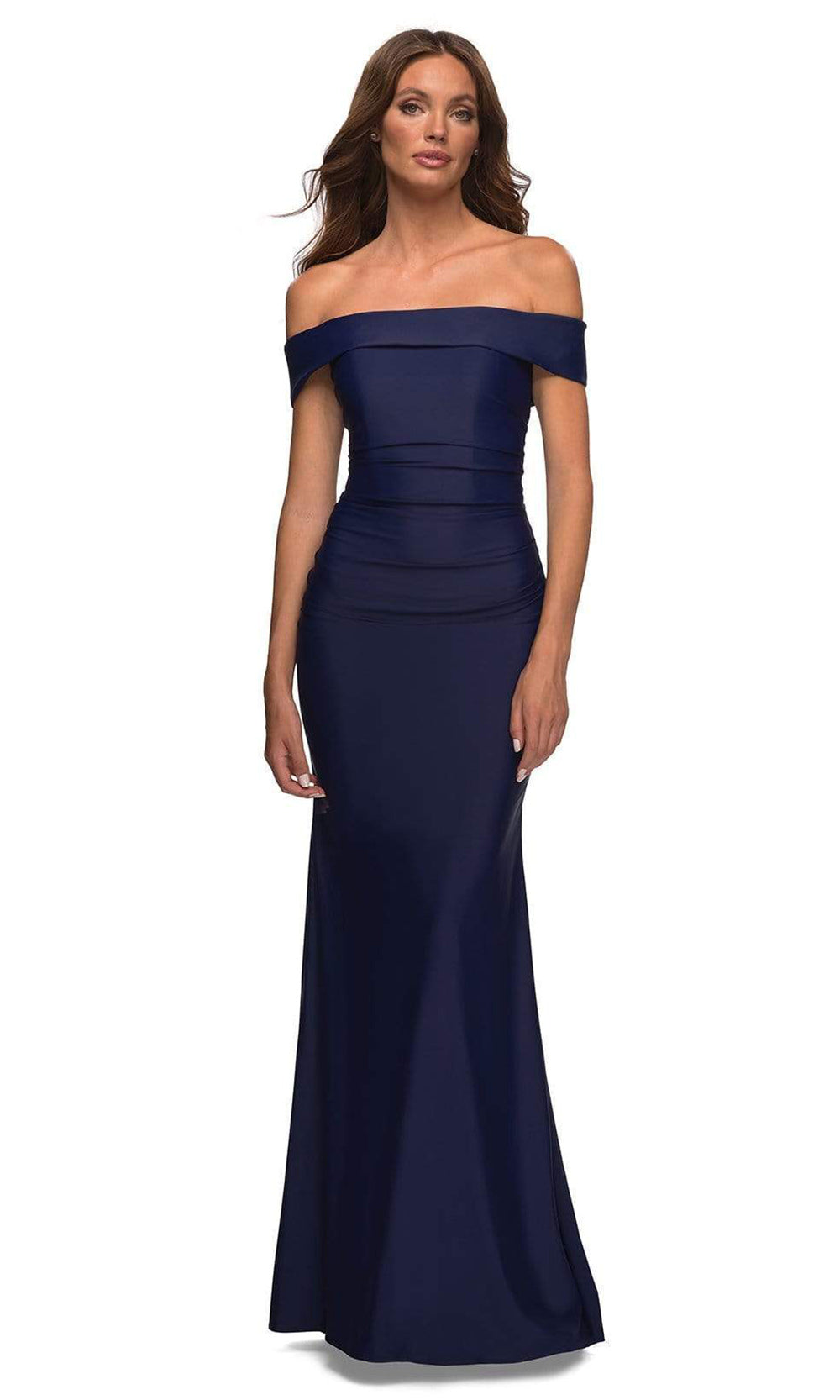 La Femme - 30422 Ruched Off Shoulder Long Gown In Blue